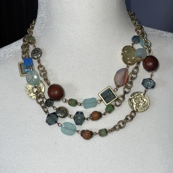 Three strand statement necklace gold, wood, blue - Picture 3 of 4